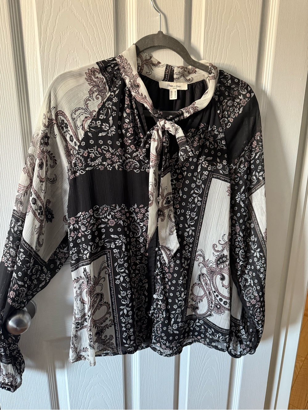 Paisley Tie-Neck Black & Cream Blouse